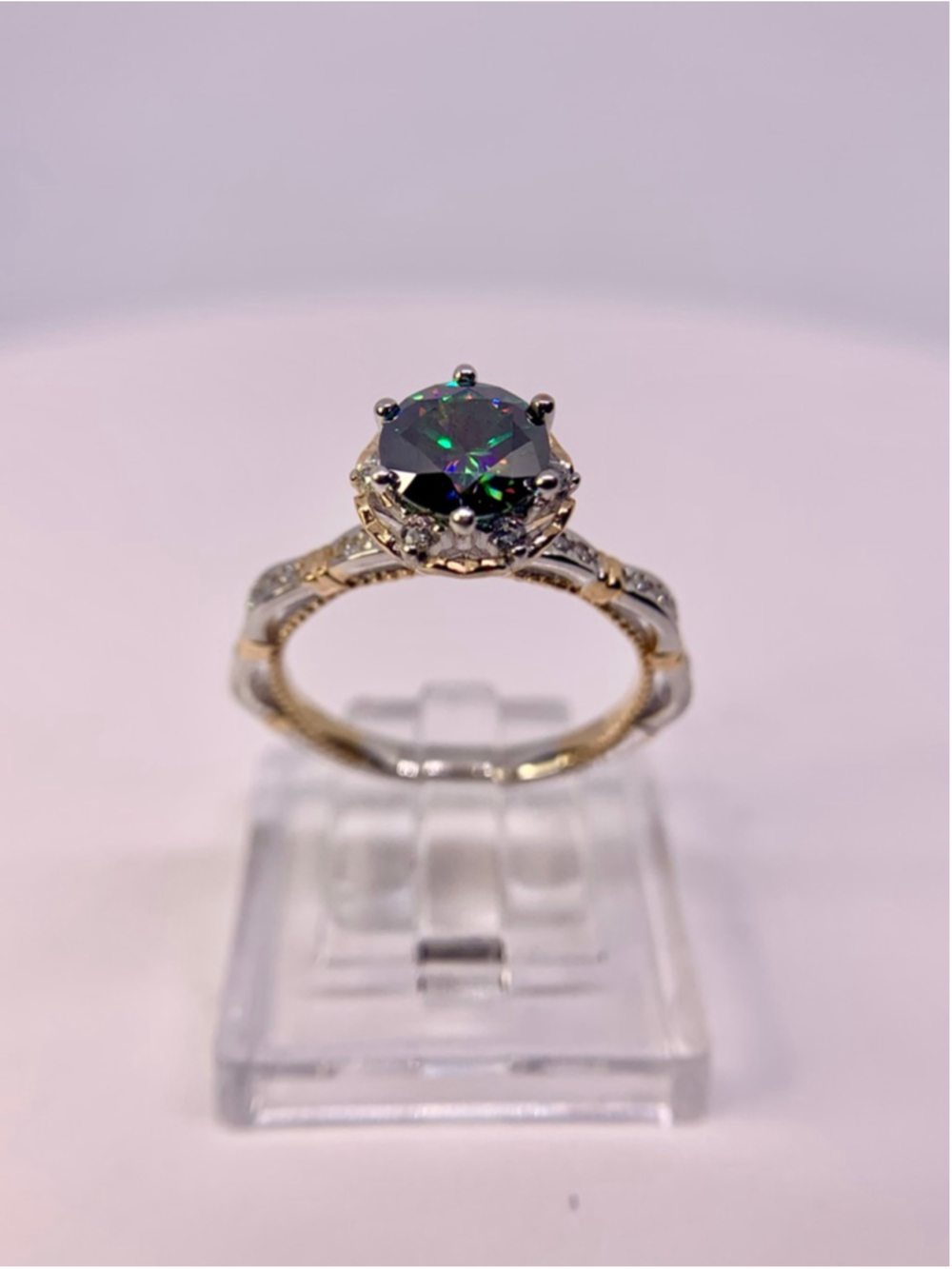 Two Tone Yellow/ White Gold Finish Moissanite Ring Mystic Green Vintage Halo GRA